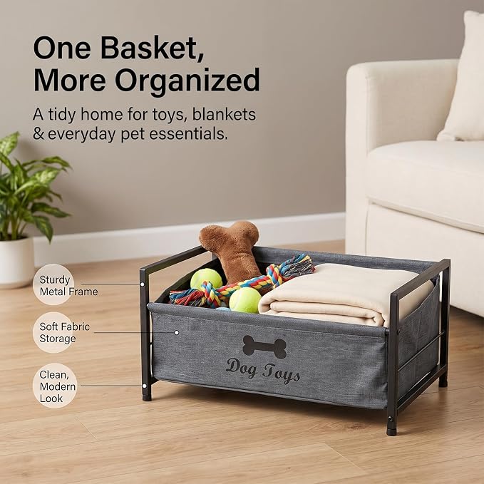 Pethiy Dog Toy Basket, Metal Frame Fabric Pet Storage Bin Front Low Open | pet organizer with Front Low Opening with black metal frame and soft fabric bin for Large Capacity Dog Toy Basket