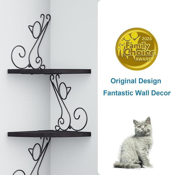 Alsonerbay 4-Tier Cat Shaped Corner Floating Shelf Wall Mount, Black | Curved solid wood, 35.2 lbs total capacity, reinforced metal bracket, rustic decor, for bedroom, living room & kitchen