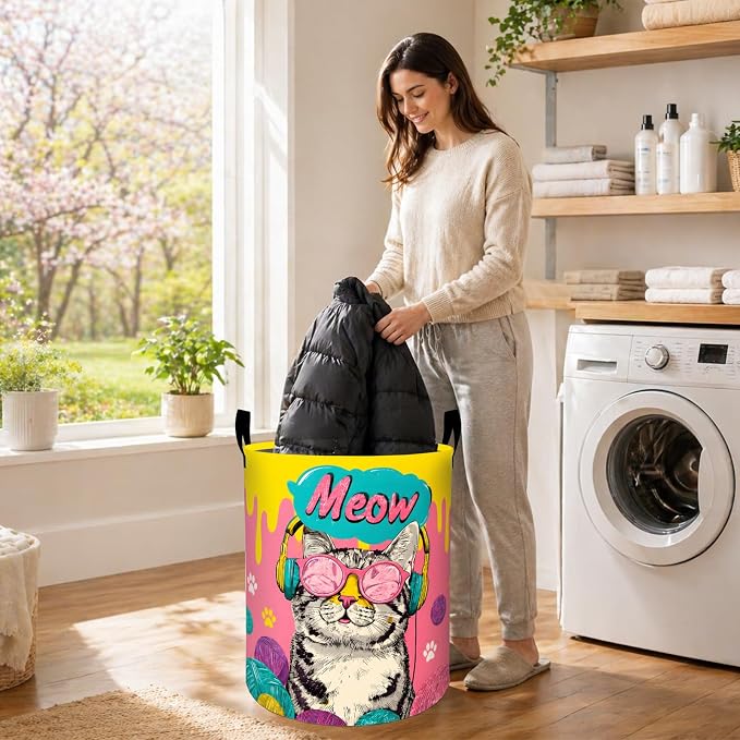 Cool Cat Laundry Basket, Colorful Pop Art Oxford Cloth Dirty Clothes Collapsible Hamper for Room Decor, Pet Lovers Gifts, Toy Organizer 19.7 x 15.7 Inches for Bedroom Bathroom Dorm