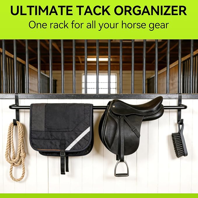 2Pcs Heavy Duty Horse Blanket Rack with Bridle Hooks | No-Drill Wall Mounted Portable Blanket Bar, Saddle Pad Rack for Horse Tack Storage, Ideal for Barn & Tack Room Use, Black