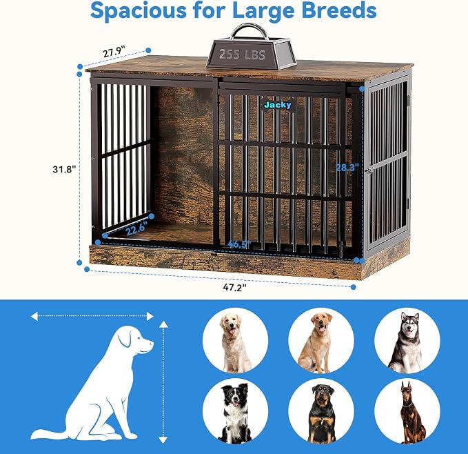 Petrova 47" Dog Crate Furniture with Name Tag, Heavy Duty Dog Kennel Indoor for Large/Medium Dogs, Wooden Dog Cage with Sliding Barn Door, Decorate House as TV Stand, End Table, Rustic Brown