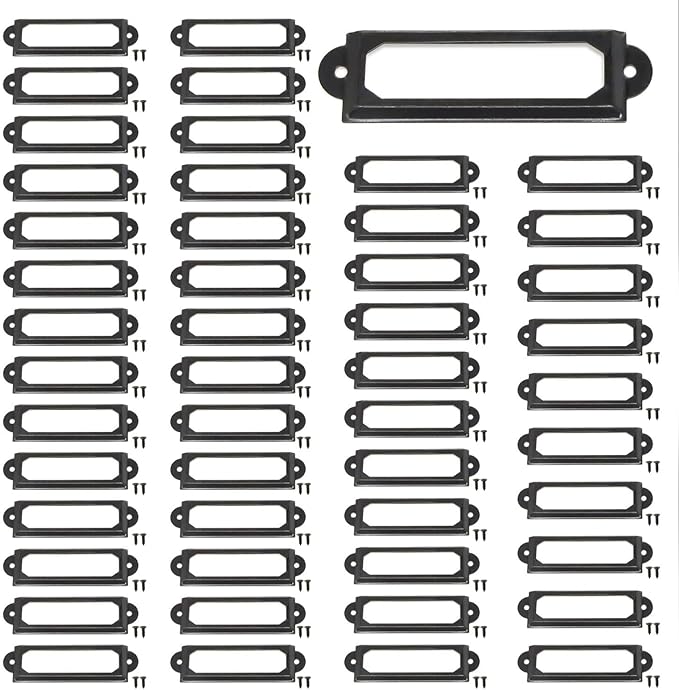 50 Pcs Label Holders Library File Drawer Tags Label Holder Metal Frame Name Card Frame for Drawer Cabinet (Black)