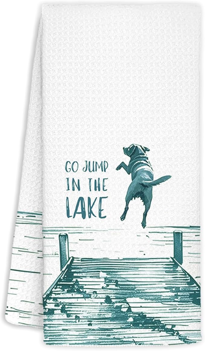 Green Lake House Decor Dish Towels,Lake House Gifts,Funny Lake Dog Kitchen Towels Decorative,Dog Lover Mom Gifts Hand Towels Drying Cloth for Kitchen Bathroom Decor,16x24 Inch