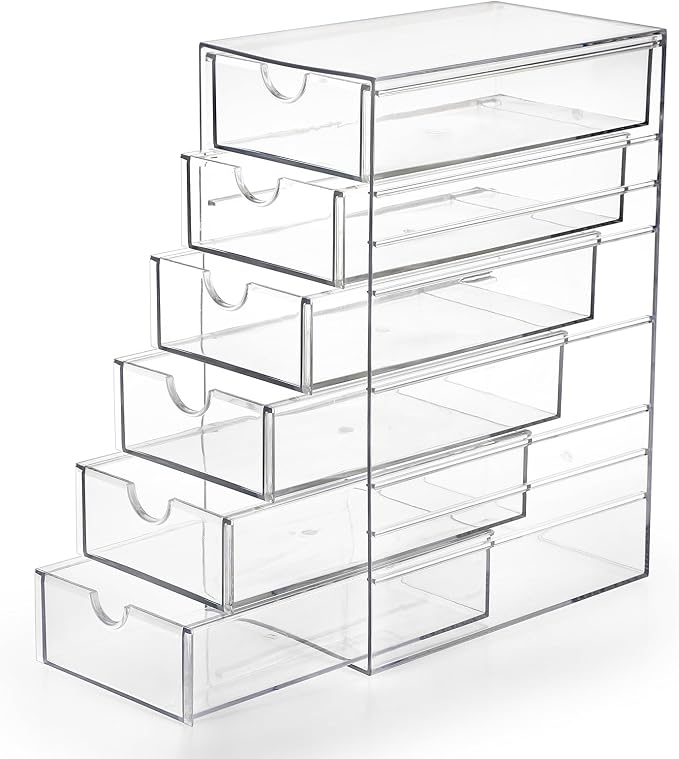 Hipiwe Plastic Drawer Organizer Desktop Storage Box with 6 Pull Out Drawers | Drawers Box for Bathroom, Dresser, Cosmetic Hair Tie Container for Women