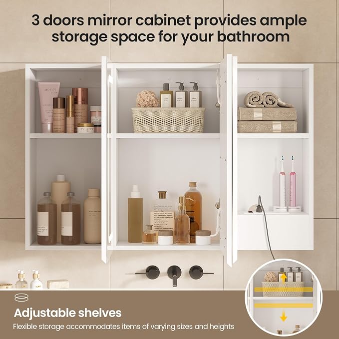 Medicine Cabinet Organizer with Mirror, Lighted Bathroom Medicine Cabinet with Storage, 3 Doors Bathroom Wall Cabinet with LED Lights, Adjustable Shelves & Outlets, 35.4'' x 23.6'', White