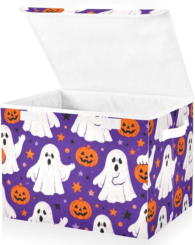 Halloween Ghost Storage Bins with Lids Closet Bedroom 40L Fabric Bin | Decorative Storage Boxes, Foldable & Stackable, Dust-Proof Flip Top, Reinforced Handles, For Home & Dorm, Clothes & Toy Box