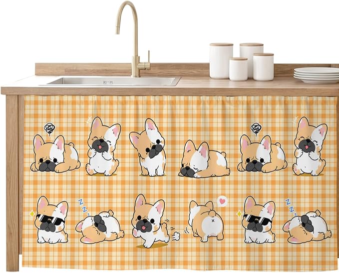Cute Puppy Sink Skirt for Bathroom, Self-Adhesive Under Sink Curtain, Orange Beige Plaid Modern Funny Dogs Pet Hide Pipes & Storage Fabric Cabinet Skirt Cover for Kitchen Laundry 32"x55"