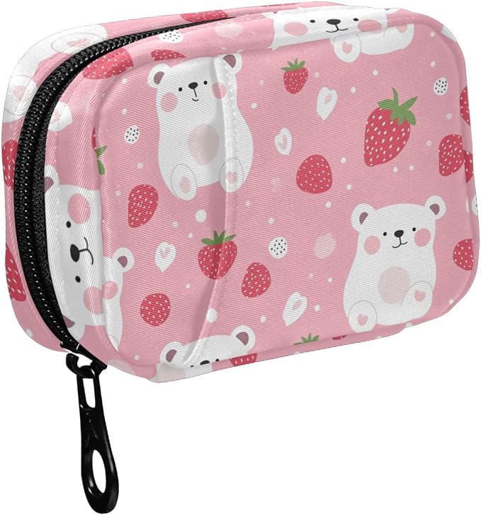 Fustylead Cute Cartoon White Bear and Strawberry Pill Organizer for Purse, Weekly Portable Pill Box with Zipper to Storage Vitamins Fish Oils Medications Supplements