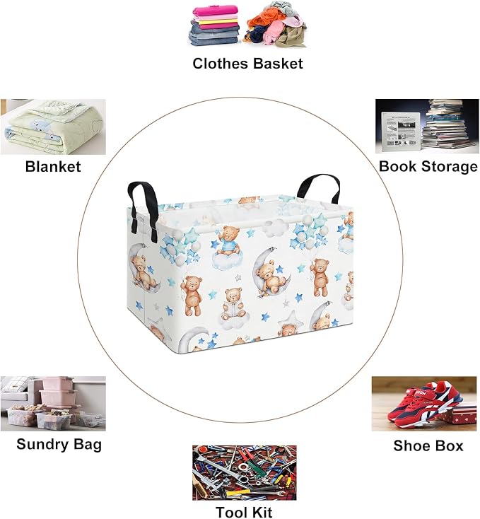 Rectangular Bear Storage Bin, Fabric Closet Organizer Basket | Einforced side grips, foldable holder arranges clothing and bedroom personal belongings
