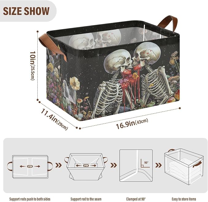 Black Skeleton Gothic Storage Bins for Shelves with Labels&Handles Halloween Organizer Bin Foldable Rectangle Storage Basket Black Goth Skull Boxes for Closet, Bathroom, Home, Room, Laundry, 2 PC