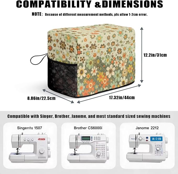 Sewing Machine Cover Polyester Febric Retro Daisy Cottage Print | Dust Pet Hair Protection,Quilting Design,Fits Standard Singer,Brother Janome Machines,Protecting Decorating Your Sewing Space