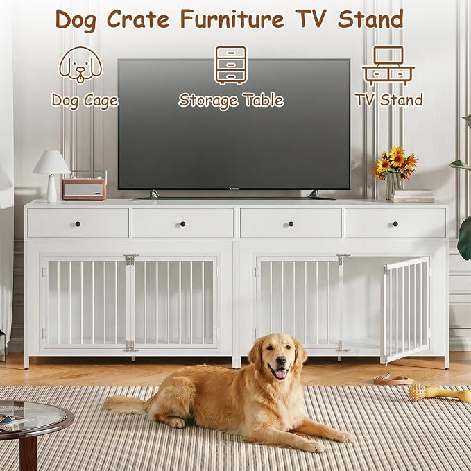 PUKAMI Large Dog Crate Furniture with 2 Drawers, 44 Inch Wooden Dog Kennel Indoor, Crate Furniture as Decorative End Table, Cage Furniture for Small Medium Large Dogs (New White, 2-Pack Set)