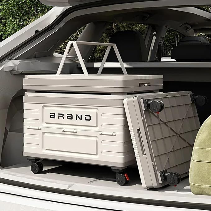 Foldable Storage Container with Wheels, Durable Plastic Box with Lid for Handbags, Clothes, Books - Space-Saving Home Organizer, Beige
