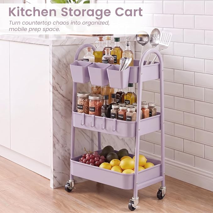 danpinera 3-Tier Rolling Cart, Utility Cart Mobile Metal Rolling Storage Cart with Lockable Wheels & Hanging Cups & Hooks for Kitchen, Bathroom, Office, Workshop, Purple