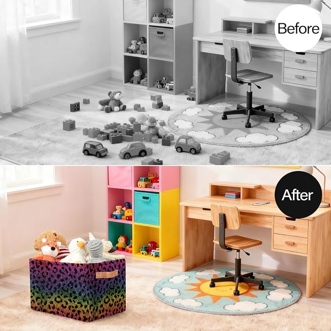 Pardick Storage Baskets Bin, Rainbow Leopard Print Collapsible Canvas Fabric Storage Bin Decorative Baskets Toy Organizer Rectangle Storage Boxes with handles for Home Shelves Nursery,1Pack,C-01