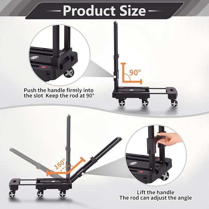 GtIiFmTe Foldable Hand Truck, Lightweight Luggage Cart for Airport Car Seat | Compact Folding dolly with Rotating swivel wheel,storage size12×15.7×4.1",300lbs Load,Upright Lock Handle with 3bungee cords