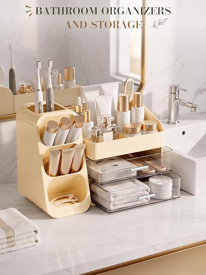 Large Makeup Organizer Countertop for Vanity Skincare Organizers Cream | Acrylic Cosmetic Display Case with Drawers Brush Holder, Dorm Bathroom Counter Organizer for Perfume, Nail Polishes, Lipstick