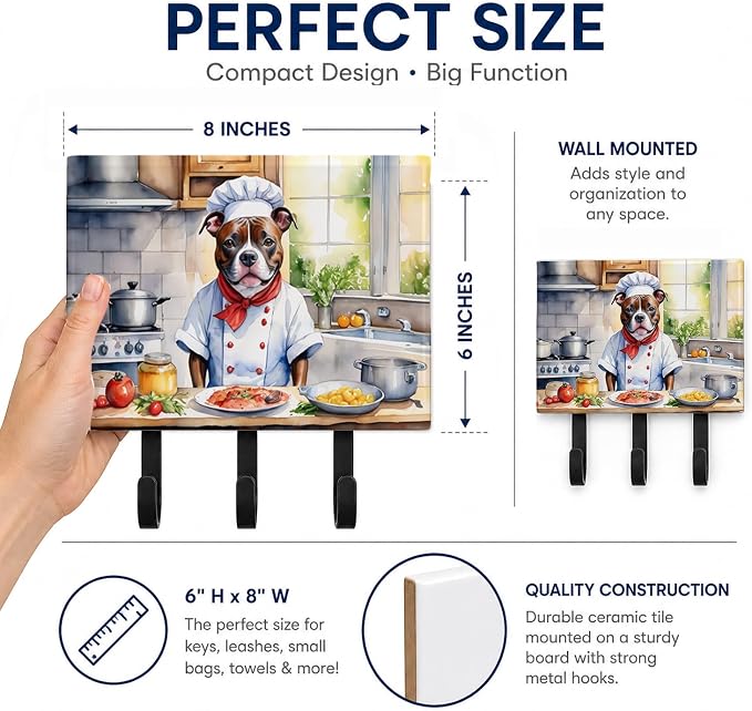 Caroline's Treasures Staffordshire Bull Terrier The Chef Leash or Key Holder Wall Hooks, Key Hooks Holder, Coat Rack Wall Mount, Coat Hooks, Hooks for Hanging Keys, Towels, Aprons, Leashes | Staffordshire Bull Terrier The Chef artwork on ceramic tile w...
