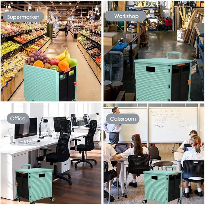 Foldable Utility Cart Portable Collapsible Crate Rolling Carts with Wheels Rolling Tote Basket Teacher Cart with Lid Wear-Resistant 360°Rotate Wheel Noiseless for Shopping Storage Office Use