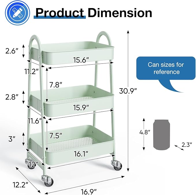 OLIXIS Metal Rolling Storage Utility Cart with Lockable Wheels 3 Tiers | Mobile Organizer Shelf, Space-Saving, Freestanding, Bathroom, Living Room, Slim, Narrow Corner Spaces, Green