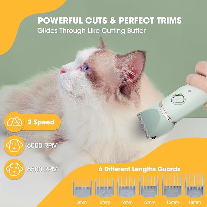QREEYX Upgrade Dog Grooming Kit, Cordless Dog Paw Trimmer, 4 in 1 Low Noise Pets Hair Clipper Grooming Kit, 2-Speed Nail Grinder with Stainless Steel Blade for Small Pet with Thick Coats (Green)