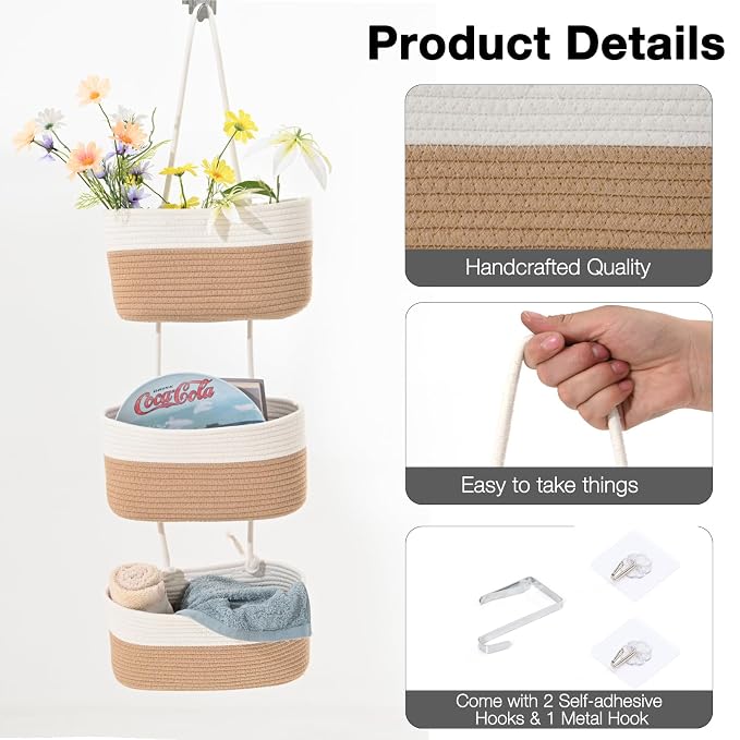 ICERZCZ Hanging Baskets for Organizing 3-Tier Wall Basket Khaki & Off White | Over the Door Decorative Storage Organizer, Nursery Decor Organization, Baskets for Entryway Playroom Bathroom Closet