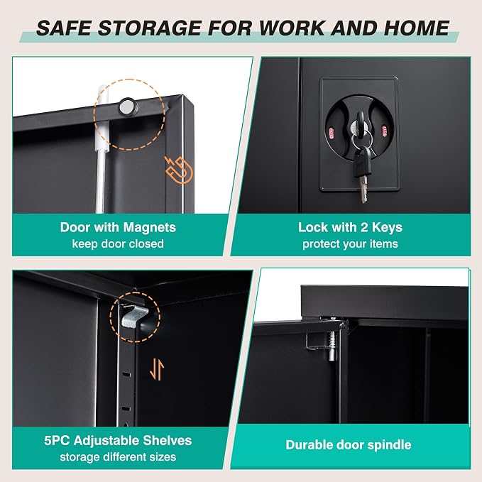 Small Metal Storage Cabinet with Doors and Shelves,36 inch Black Locking Garage Cabinet,Lockable Short Steel Cabinets for Home,Office,Shop,Garage