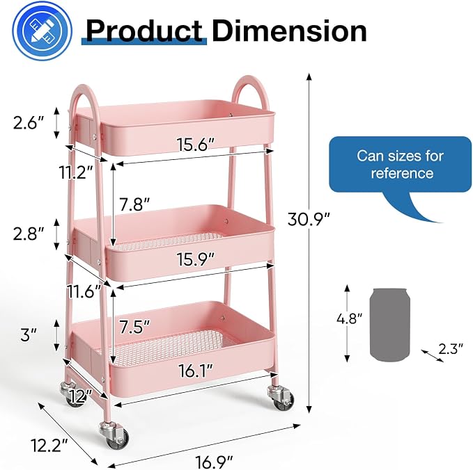 OLIXIS Metal Rolling Storage Utility Cart with Lockable Wheels 3 Tiers | Mobile Organizer Shelf, Space-Saving, Freestanding, Bathroom, Living Room, Slim, Narrow Corner Spaces, Pink