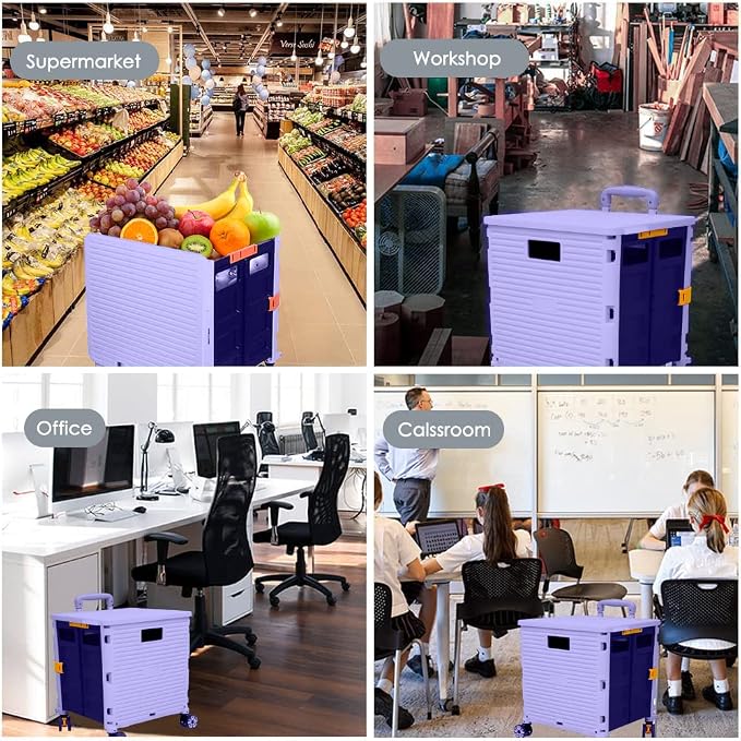 Foldable Utility Cart Portable Collapsible Crate Rolling Carts with Wheels Rolling Tote Basket Teacher Cart with Lid Wear-Resistant 360°Rotate Wheel Noiseless for Shopping Storage Office Use