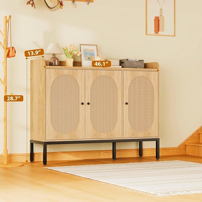 GarveeHome Rattan Shoe Cabinet with 3 Flip Doors, 8-Tier Freestanding Shoe Storage Cabinet with Adjustable Shelves, Large Capacity Shoe Organizer for Entryway, Closet, Natural Oak