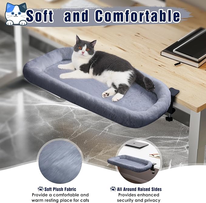 IPOW Heavy Duty Steel Frame Supports up to 50lbs Cat Desk Bed Space-Saving 90°Foldable with Soft Ultra-Plush Faux Fur for Small Medium Large Cats