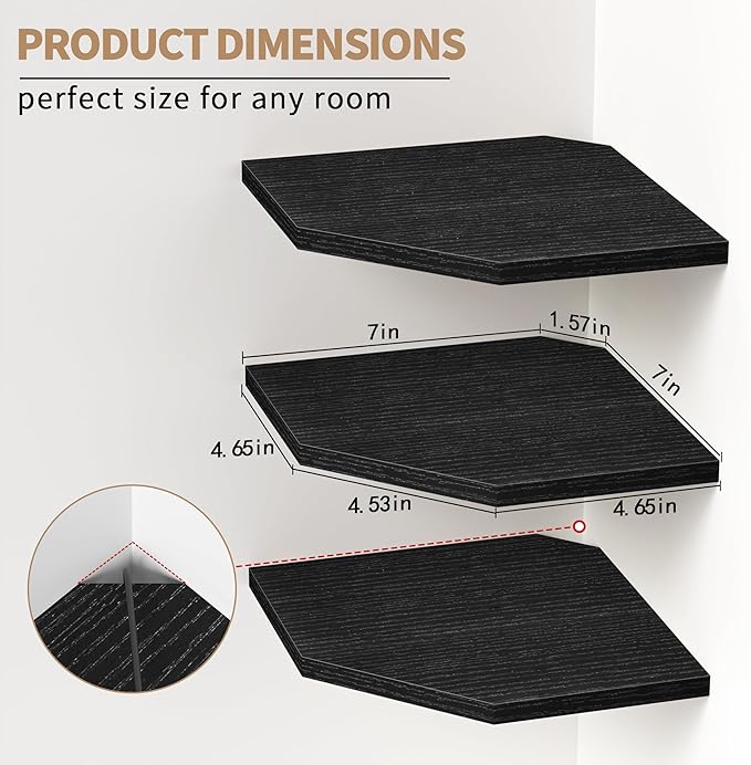 Fun Memories Corner Shelf Wall Mount, Floating Corner Shelves, Set of 3 Corner Wall Shelf Organizer, Rustic Wood Wall Storage Display Shelves for Living Room Bedroom Bathroom Kitchen, Classic Black