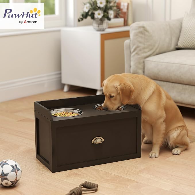 PawHut Dog Feeding Station with Storage Drawer, Dog Food Storage Cabinet with 2 Removable Elevated Pet Bowls for Large Sized Dogs, Coffee | 2 Removable Elevated Pet Bowls, for Large Sized Breeds