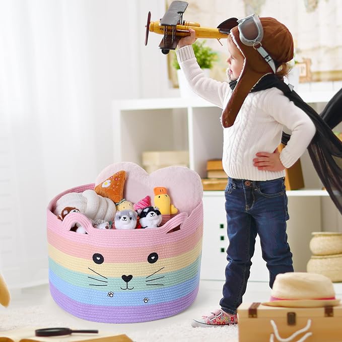 Zopeal Cat Storage Basket Woven Organizer with Ears Decorative Gift Cute Cotton Rope Pet Toy Basket for Gift Cat Dog Toy Bin Nursery Room(21.7 x 13.8 Inch,Macaron Color)