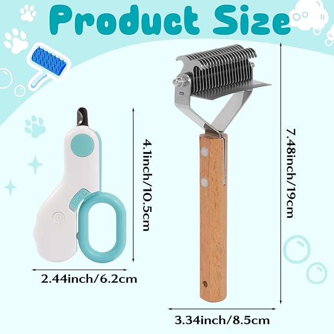 Undercoat Rake for Dogs Cats - 2-in-1 Deshedding Brush for Long Haired Pet, Dog Nail Clippers with Double Sided Dematting Shedding Comb, Matted Fur Removal Grooming Tool for Knots Mats Tangles
