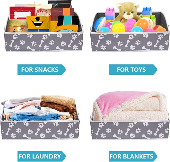 Linen-cotton Blend Dog Toy Organizer Basket - Storage for blankets, leashes, rope toys, clothing - Bone claw pattern