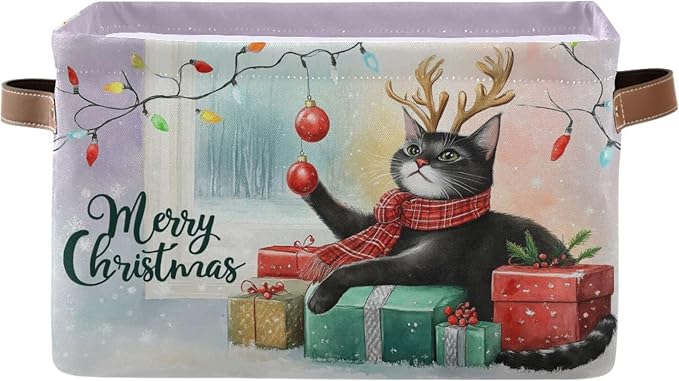 Christmas Cat Storage Basket with Waterproof Liner and PU Handles Xmas Bells Winter Kitty Snowflake Storage Bins Boxes 14.2" Collapsible Decorative Organizer Baskets for Bedroom Closet Office 1 Pack