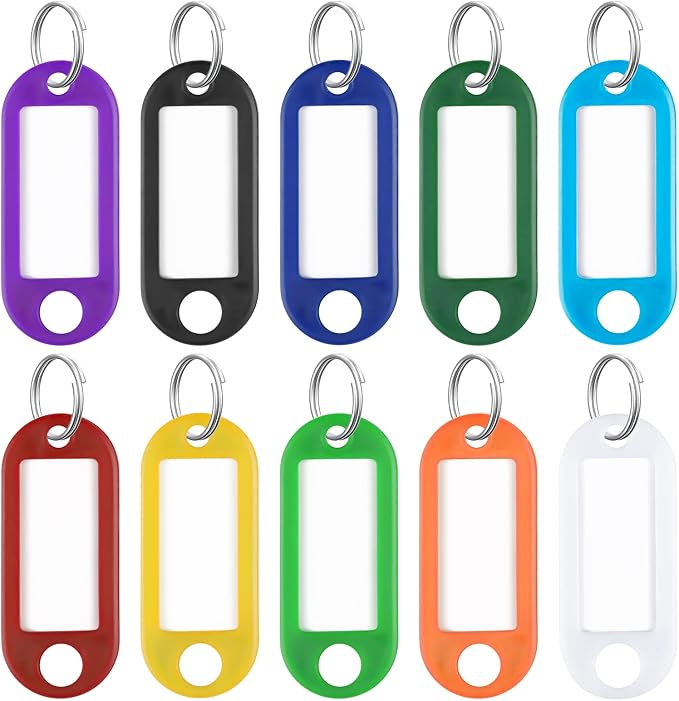Uniclife 2 Inch Tough Plastic Key Tags in 10 Assorted Colors, 100 Pack | Writable key tags with clear windows, blank paper labels, protective films and split rings for easy item identification