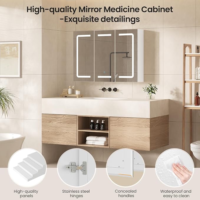 Medicine Cabinet Organizer with Mirror, Lighted Bathroom Medicine Cabinet with Storage, 3 Doors Bathroom Wall Cabinet with LED Lights, Adjustable Shelves & Outlets, 31.5'' x 23.6'', White