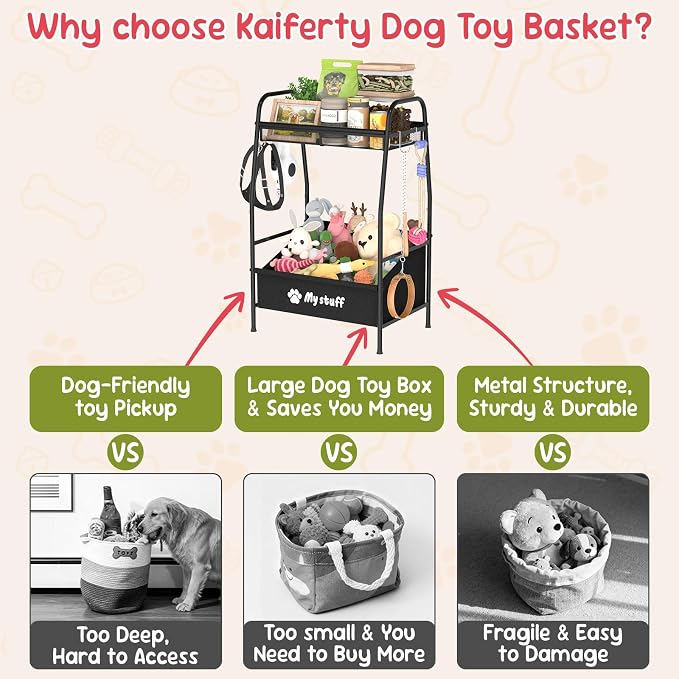 Kaiferty Medium Dog Toy basket, Toy Box for Dogs, Pet Toys Bin Dog Metal Wire Basket for Toys, Food Storage, Storage Organizer Chest Storage, Toy Box for Living Room Area (Black)