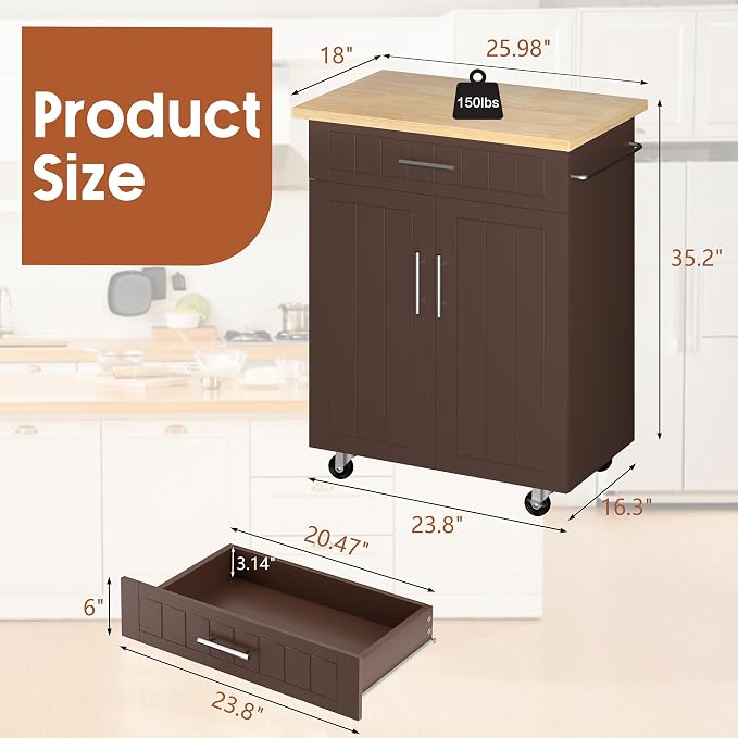 JY QAQA 26" Kitchen Island on Wheels with Storage Cabinet Kitchen Cart Cabinet with Shelves, Cart Handle for Towel Rack or Free Mobility, Portable Islands for Kitchen,Brown