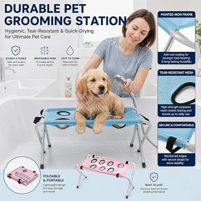 Dog Grooming Hammock, 2-in-1 Foldable Pet Bathing Bed with Stand，Blue | Pet Grooming Hammock, Dog Bath & Paw Wash Sling for Small Large Dogs, Nail Trimming, Shower Hammock, Foldable Stand