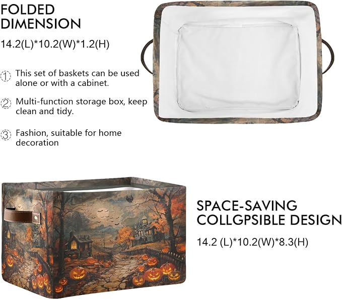 Wamika Halloween Castle Storage Basket with Waterproof Liner and PU Handles Spooky Pumpkin Lantern Storage Bins Boxes 14.2" Collapsible Decorative Organizer Baskets for Bedroom Closet Office 1 Pack