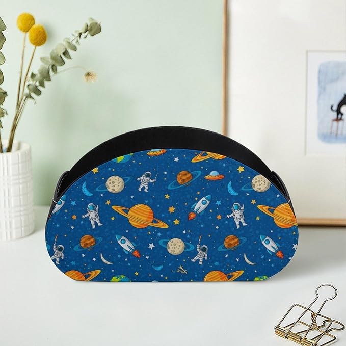 Pu Leather Remote Control Holder Space Astronaut Planets 5 Slot Caddy Box | Space Cute Astronaut Planets Blue Office Desktop Storage Organizer for Controller, Media Player, Stationery Supplies