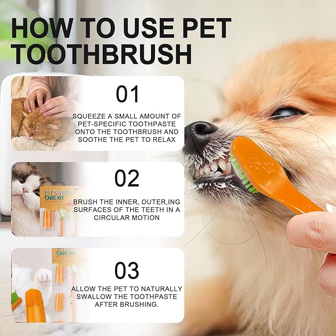HOP 7 Pack Pet Toothbrush kit Orange 4 Angled Double-Head Dog Toothbrushes 3 Dog Finger Toothbrushes Soft Nylon Bristle Dog Toothbrush Refill Puppy Tooth Brushing Kit Pet Dental Care for Dogs and Cats