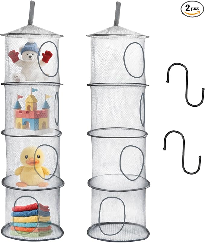 2PCS Hanging Mesh Storage Net, 4 Tier Stuffed Animal Storage with Hook | Grey, Polyester Material, Flexible and Breathable, Space Saving Organizer for Toys Clothes
