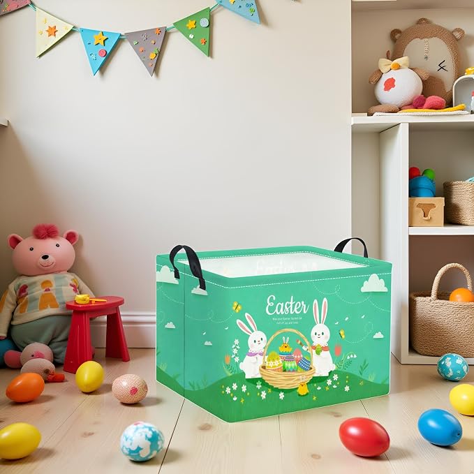 Rectangular Easter Basket for Home Kitchen Baby Girls Basket Cute Storage Bin Organizer Shelf Book Room Decor(Green Cute Bunny)