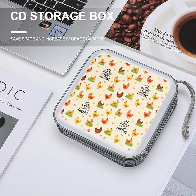 DVD Storage Binder for 40 Discs Life Is Better With Chicken Rooster, Hard Shell Protective Wallet with Handle, Portable CD Organizer for Car Travel