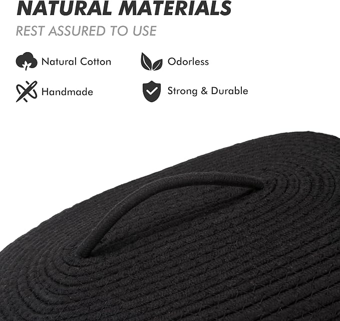Sea Team Oval Storage Basket, Woven Cotton Rope Basket with Lid, Black | Decorative Knitted Storage Bin, Multi-Purpose Lidded Organizer for Closet Shelves, Nursery and Household Storage