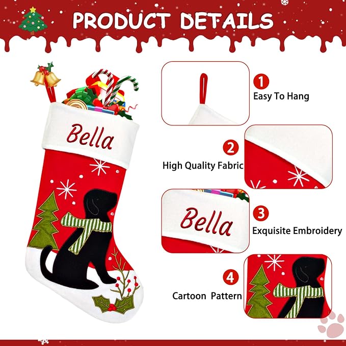 Personalized Christmas Stockings for Dogs Cats, Custom Pet Christmas Stockings with Embroidered Name, Red Blue Dogs Cat Xmas Stockings for Holiday Decoration (1 Pcs)